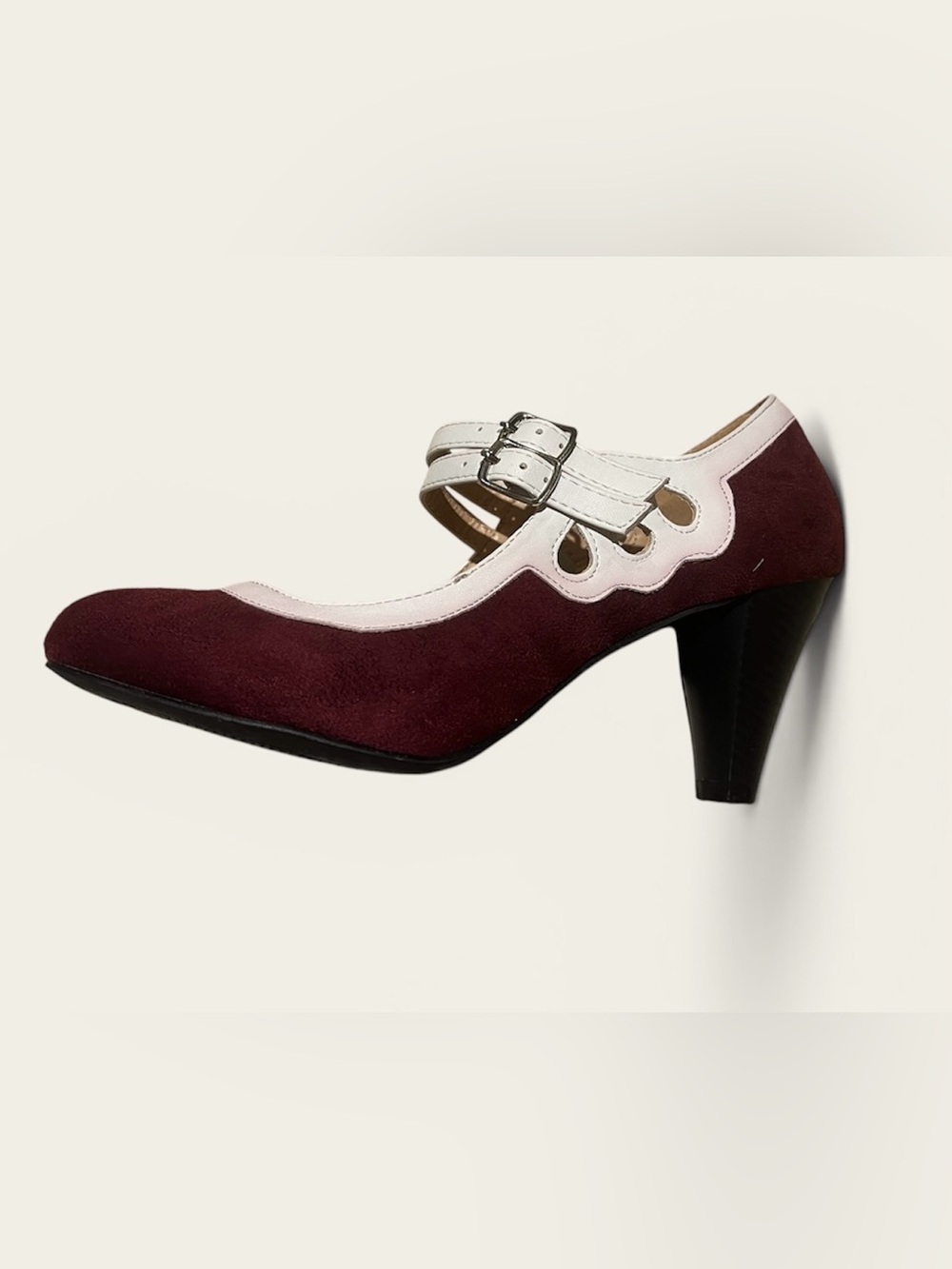 Chase + Chloe Burgundy and Cream Mary Jane Heels - Picture 6 of 7